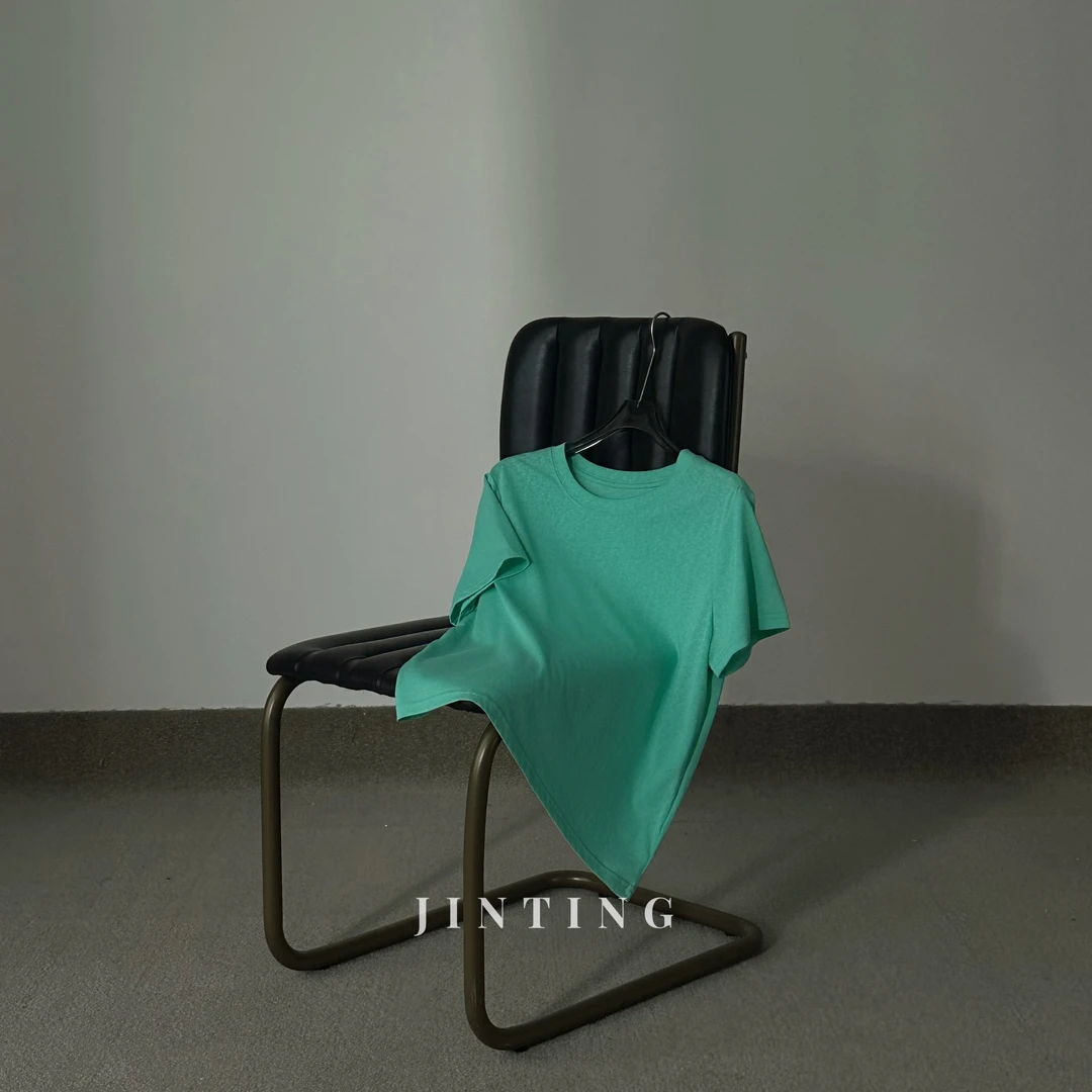 今婷韩系时尚百搭休闲简约透气纯色舒适圆领短袖T恤女-J25220310