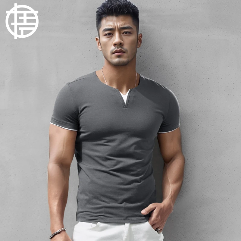 假两件亨利短袖男V领跑步T恤男短袖纯色棉纯体恤男士夏季修身弹力