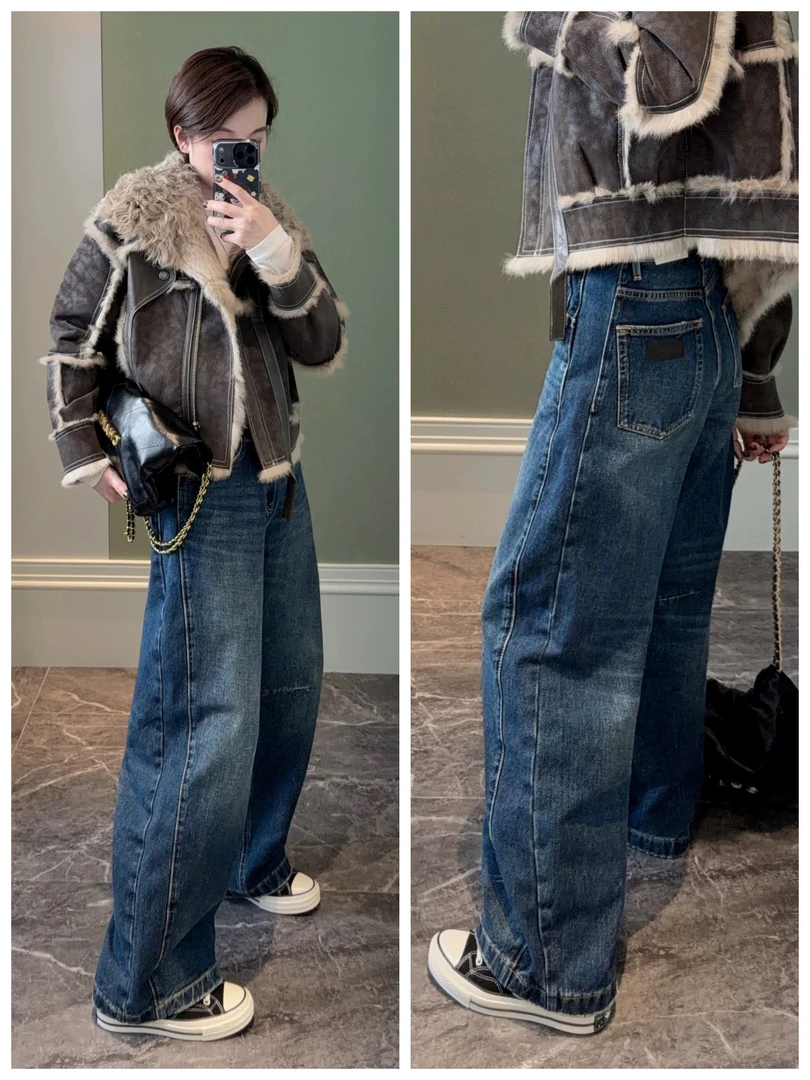 SU【799】花87  愫佩 *幂同款磨毛弯刀阔腿裤2025冬季新款牛仔裤