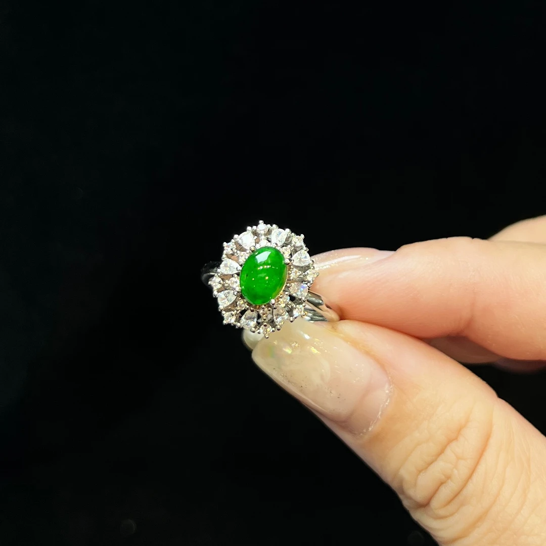 【金旭上成】天然翡翠A货满绿蛋面戒指开口戒  轻奢多样性发一件