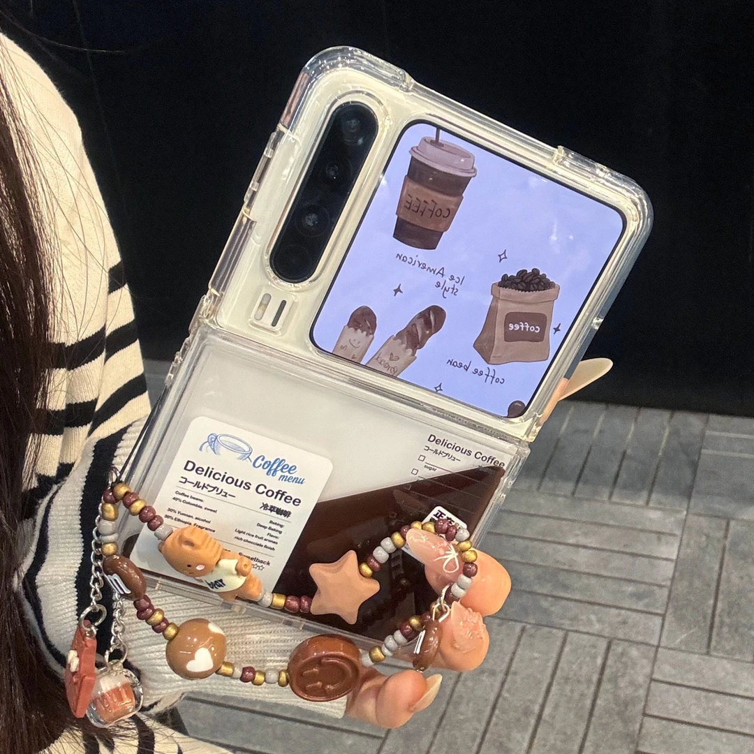 适用华为purax折叠屏手机壳透明流动pocket2液体冷萃咖啡标签链条