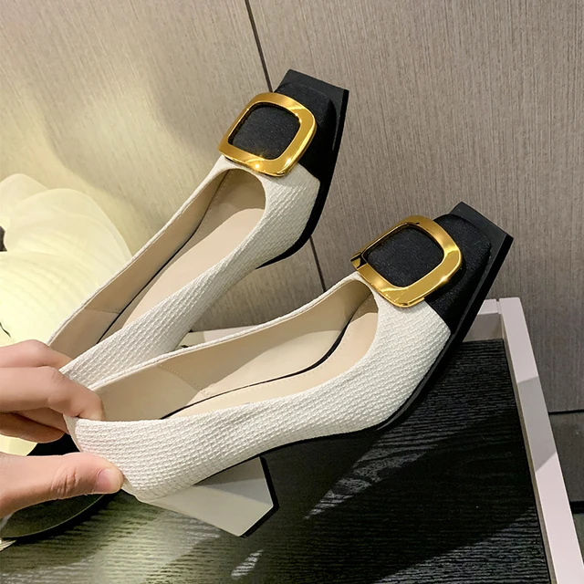 小香风拼色粗跟单鞋女2024春秋新款时尚百搭金属方头高跟宴会鞋子