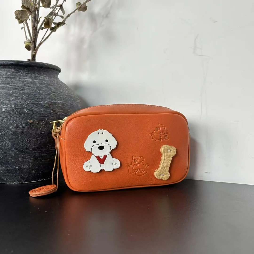 原创设计手工皮包治愈系个性可爱风款包包 相机包-西柚红比熊