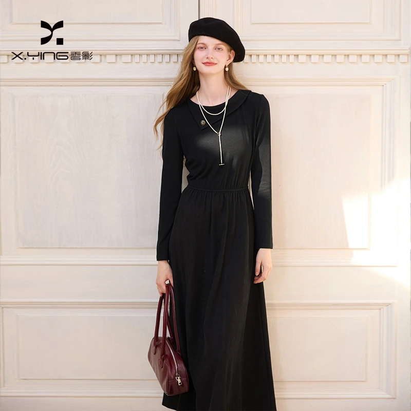 【籽言专属】L85W002连衣裙香影黑色收腰连衣裙女长袖冬季新款垂