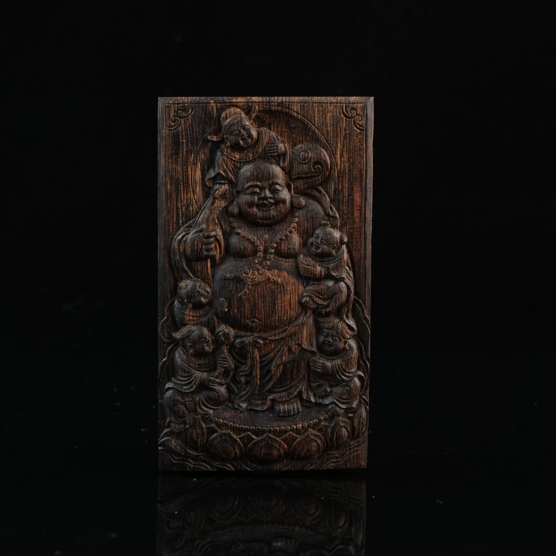 A2745 文莱软丝糖结沉水五子弥勒方牌 7.51x4.25x1.16cm  36g