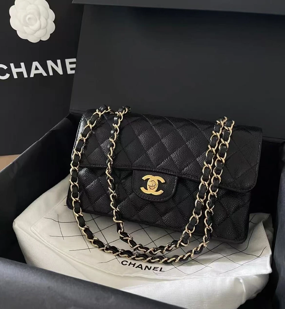 99新 Chanel/香奈儿 1023/黑金小号荔枝cf/单肩斜挎包