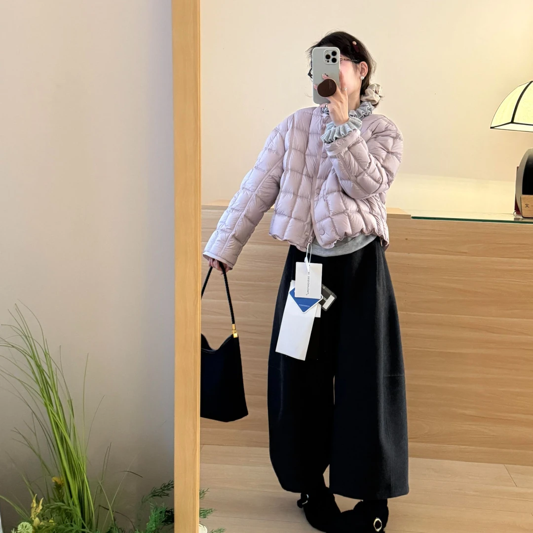 韩系休闲百搭圆领格纹单排扣棉服女冬季通勤外套百搭休闲裤两件套