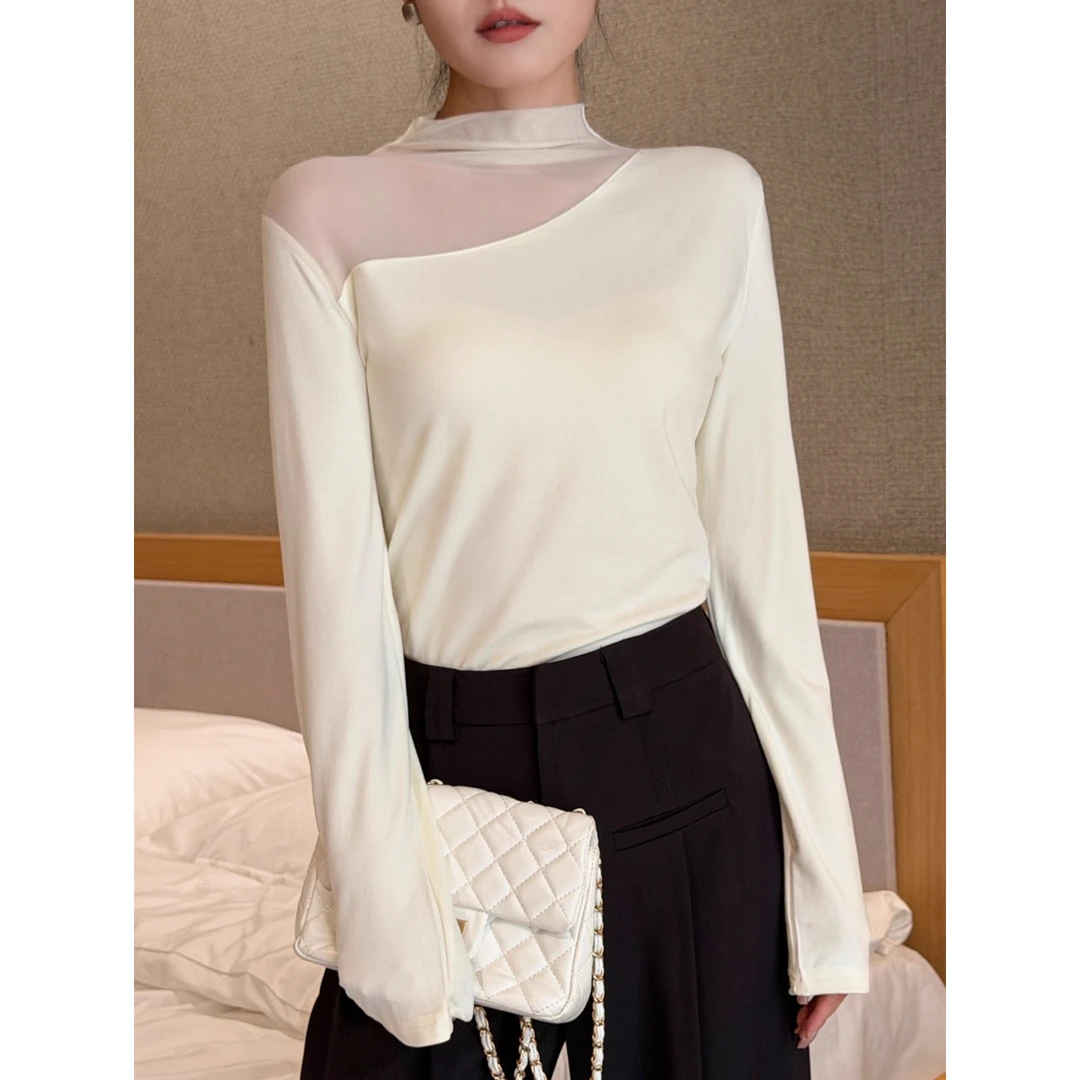 半高领打底衫女内搭秋冬2025新款网纱拼接长袖t恤磨毛上衣时髦感