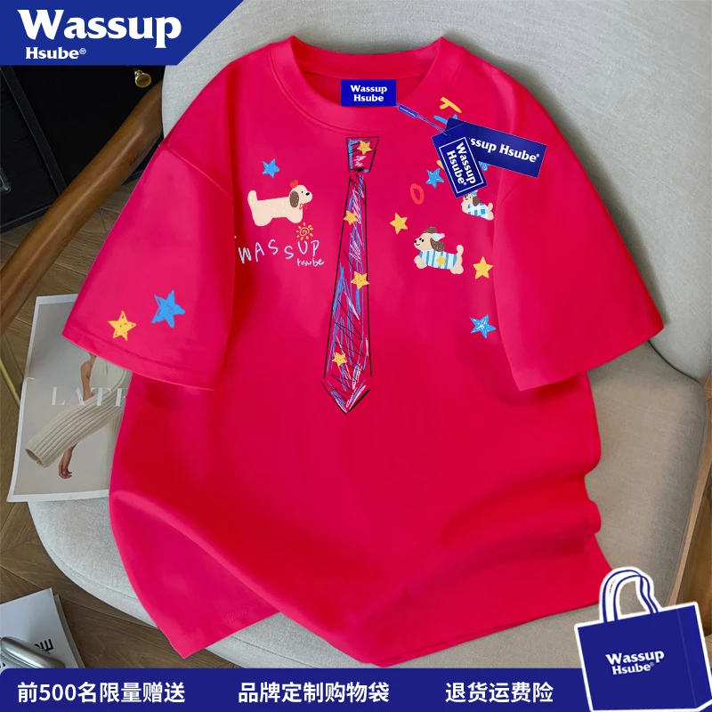 WASSUP HSUBE 夏季韩版潮牌小狗印花短袖T恤男oversize圆领上衣服