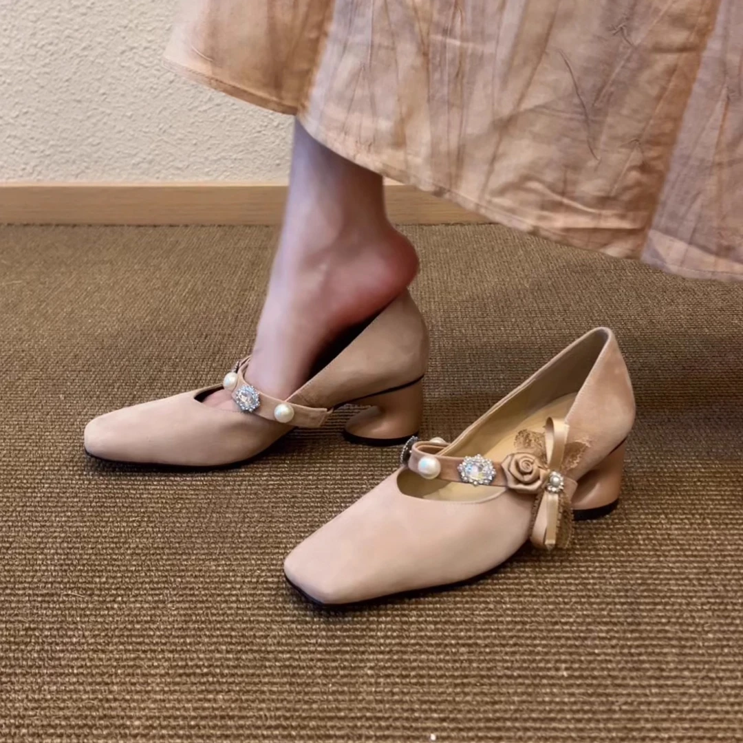 Pokoy-5cm单鞋浅口方头粗跟单鞋鞋舒适平底不累脚舒适鞋