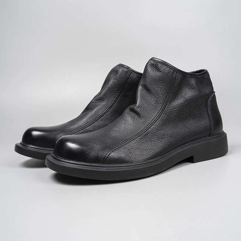 头层牛皮新款保暖圆头休闲风切尔西靴马丁靴舒适男靴百搭秋冬高帮