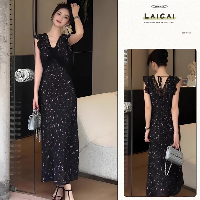 成熟优雅V领连衣裙2025夏季新款御姐范蕾丝拼接无袖收腰碎花长裙