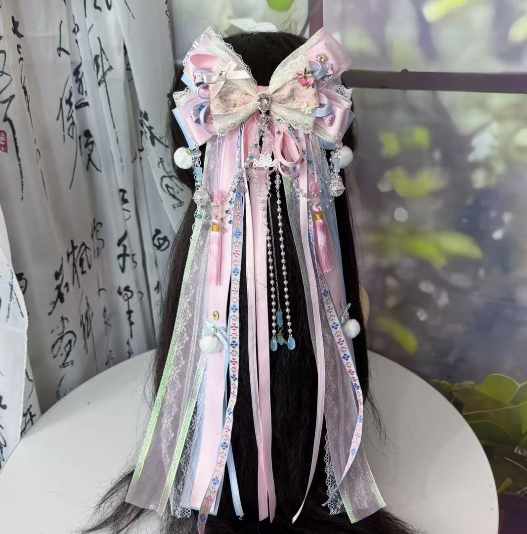 《樱开满庭》新国风古风蓝粉配色搭配汉服洛丽塔长飘带头饰发卡发夹