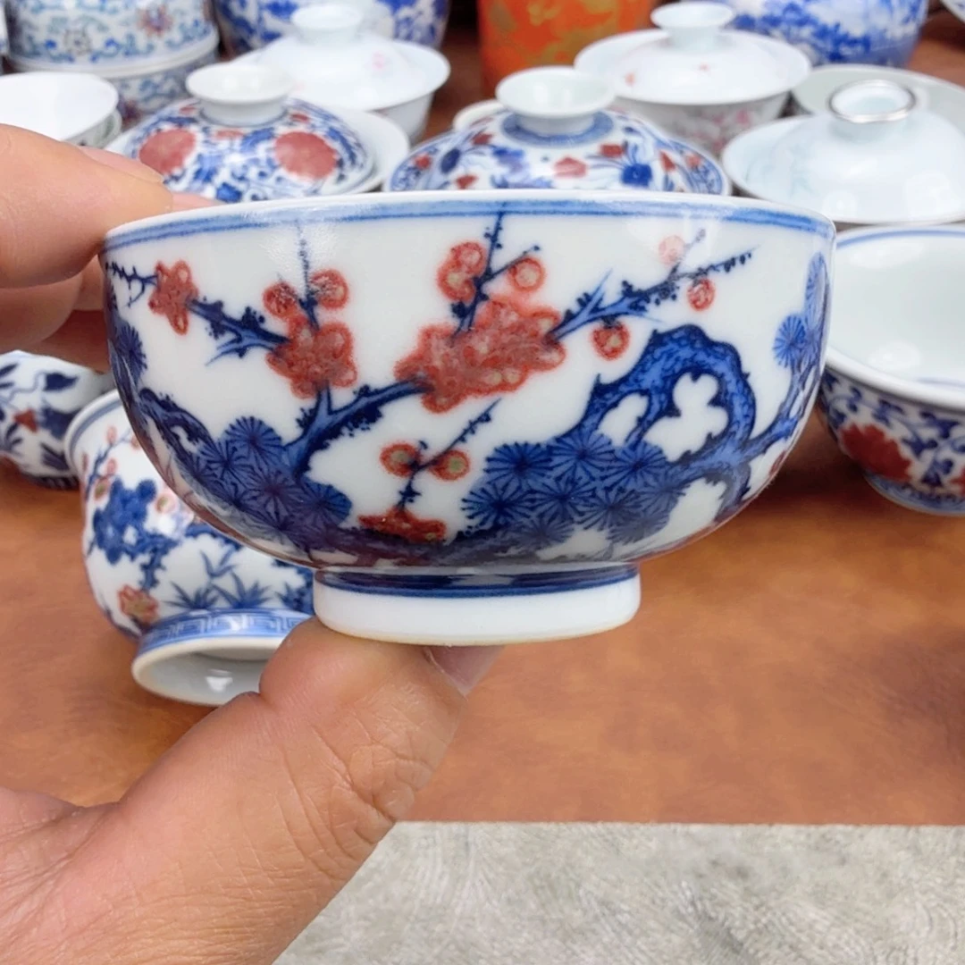 摆件陶青花釉里红松竹梅单杯