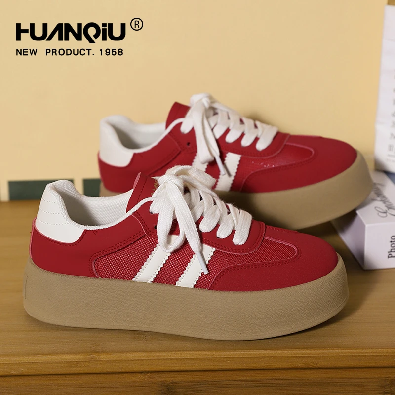 环球网面透气红色德训鞋女款2025新款秋季厚底休闲鞋子女百搭板鞋