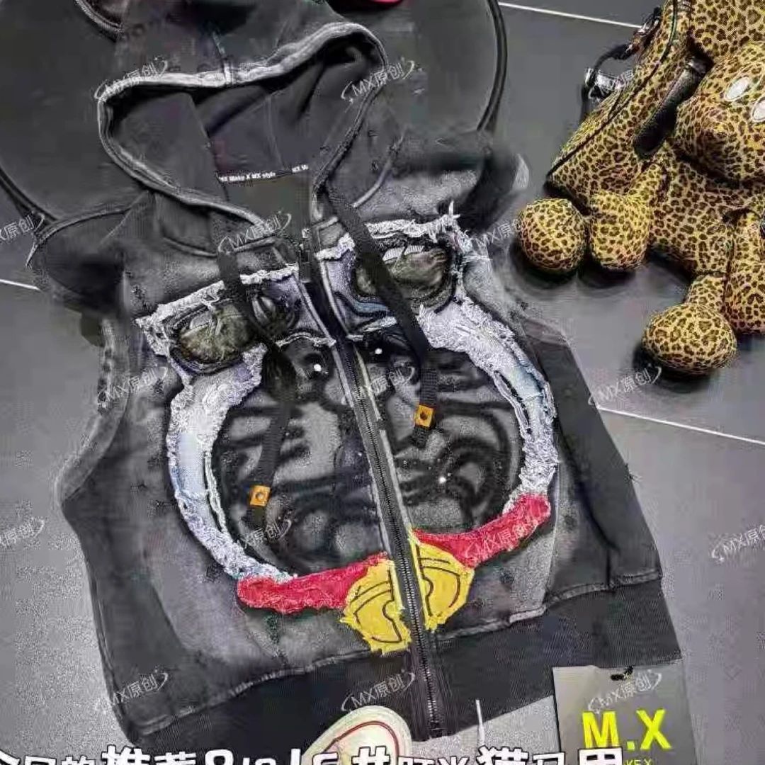 2025秋季贴布做旧连帽宽松型复古连帽拉链开衫卫衣马甲MX81019