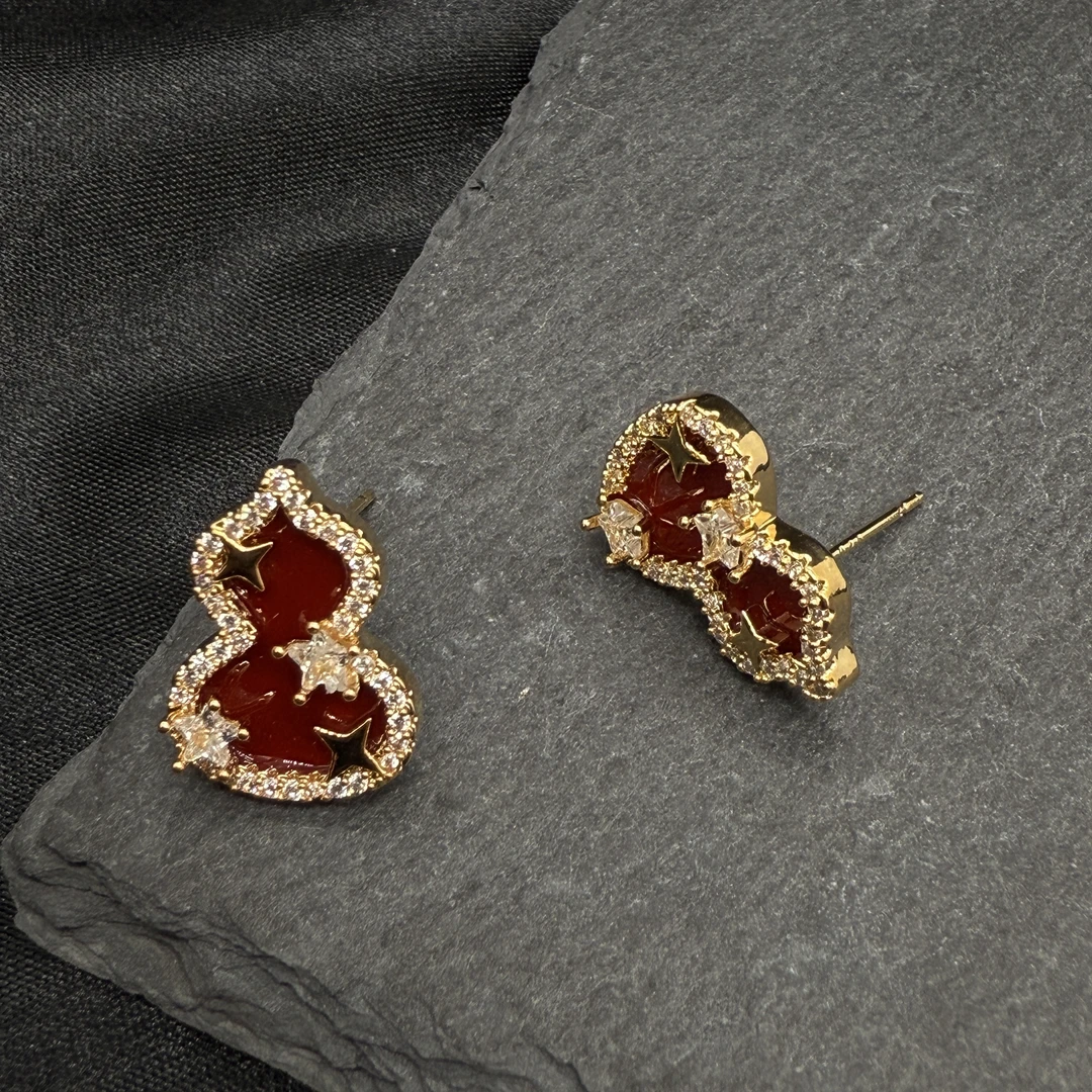 铜合金莫桑石耳饰 0716 Acc-C01红色中国风时尚OL镶嵌金色饰品