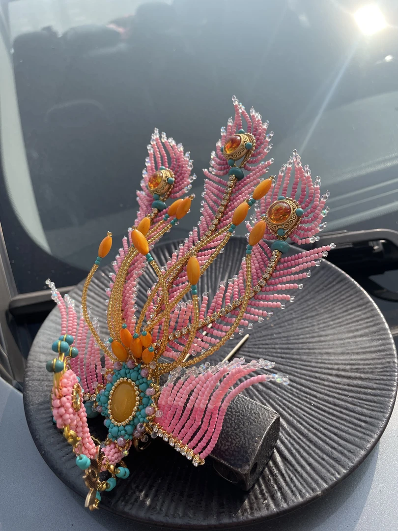 原创复古风汉服头饰米珠凤偏凤左右通用凤凰发簪粉色三尾偏凤