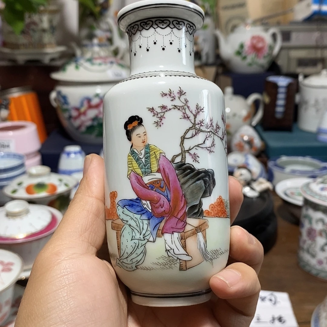 摆件手绘早期粉彩棒槌瓶高13.5公分