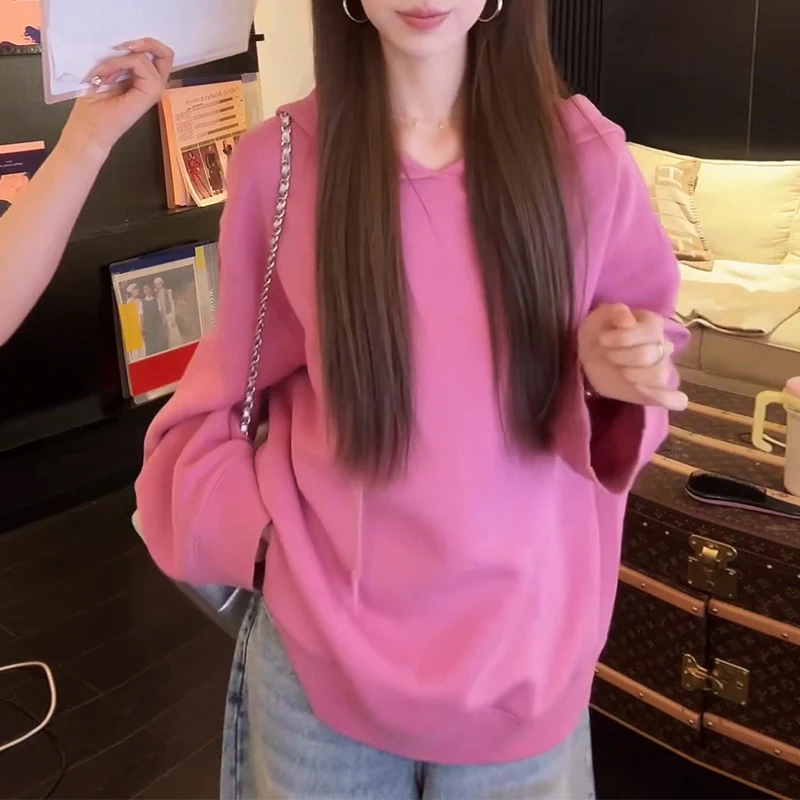 韩版时尚粉色连帽长袖卫衣女2025春秋新款小众宽松显瘦打底衫上衣
