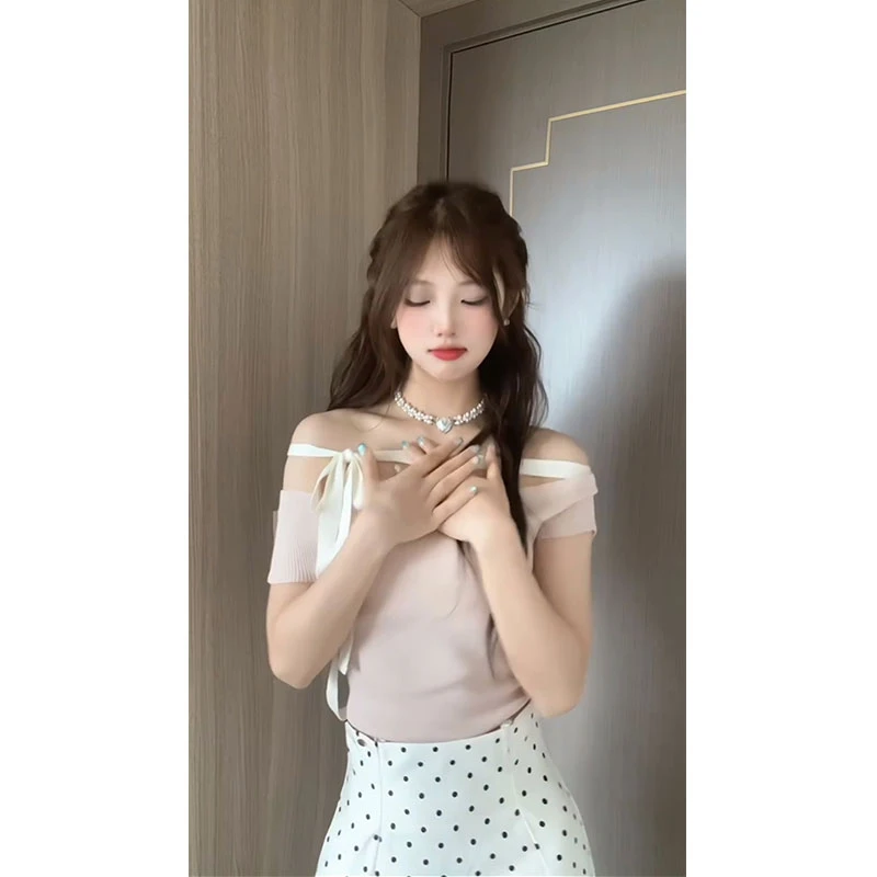 2025夏季新款甜美露肩一字肩系带蝴蝶结针织上衣高腰波点短裙套装