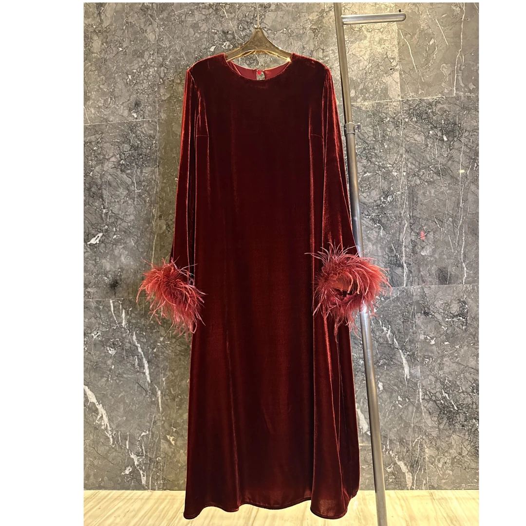 高端驼鸟毛拼接圆领新中式国风桑蚕丝真丝丝绒连衣裙显瘦洋气