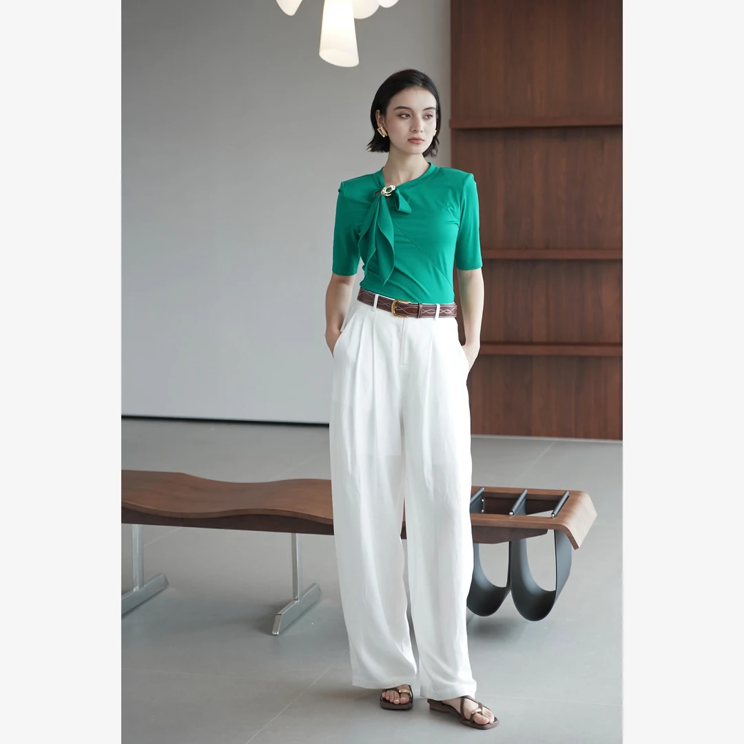 【夏茉】桑蚕丝莱赛尔混纺 飘带领丝巾扣夏季造型法式百搭T恤（裱里）