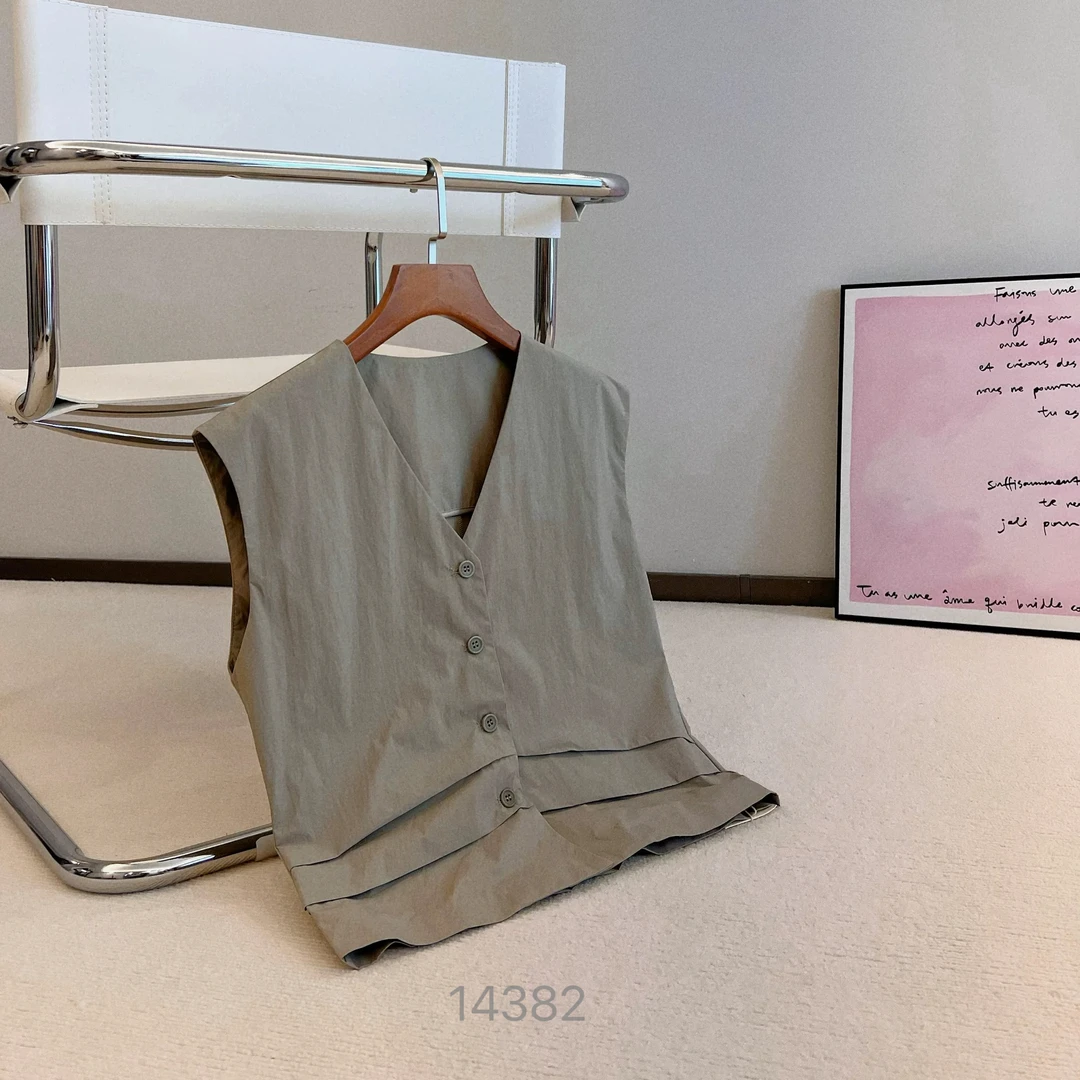 14382 SANFAN新款纯色褶皱V领开衫背心