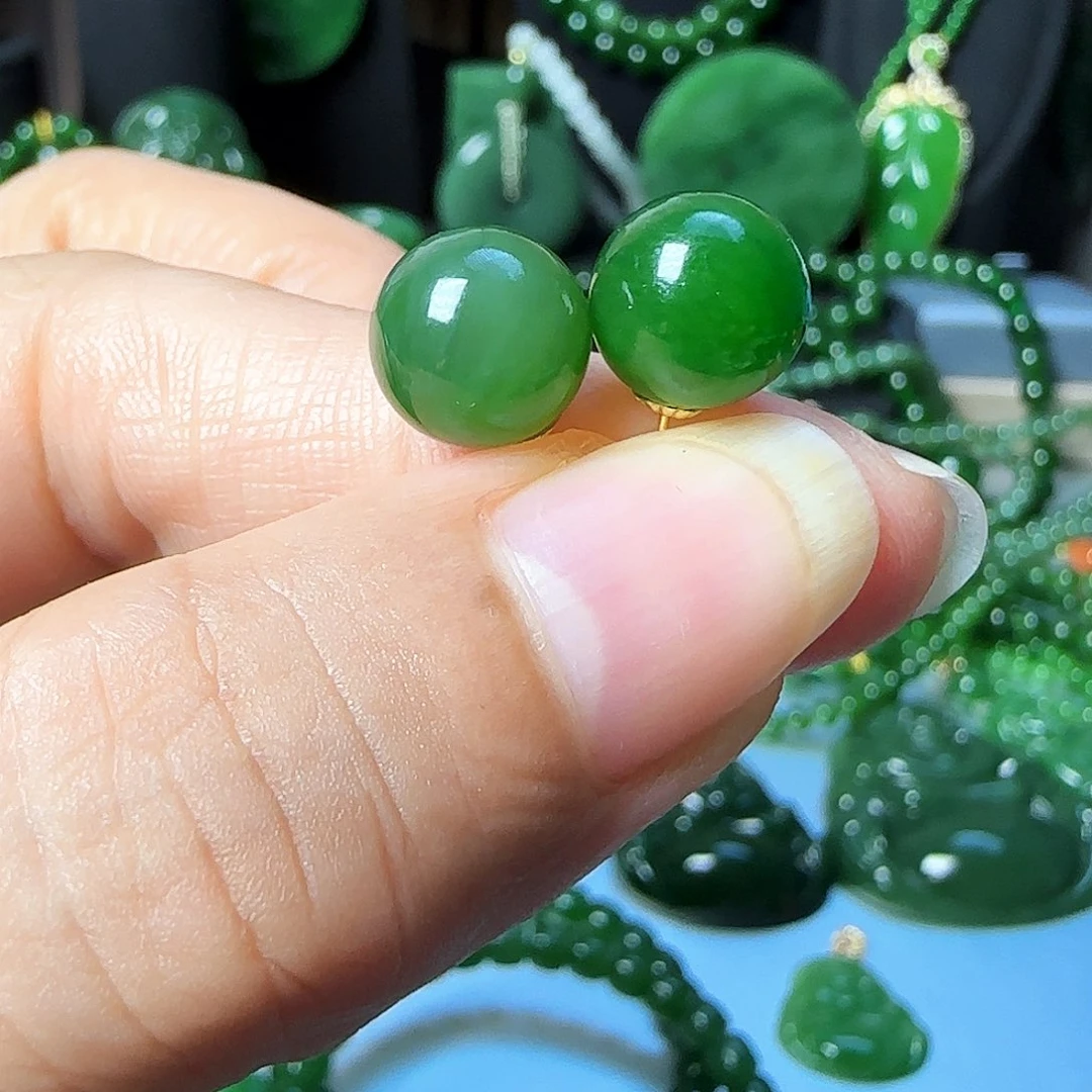 和田玉（碧玉）18K金镶嵌耳饰