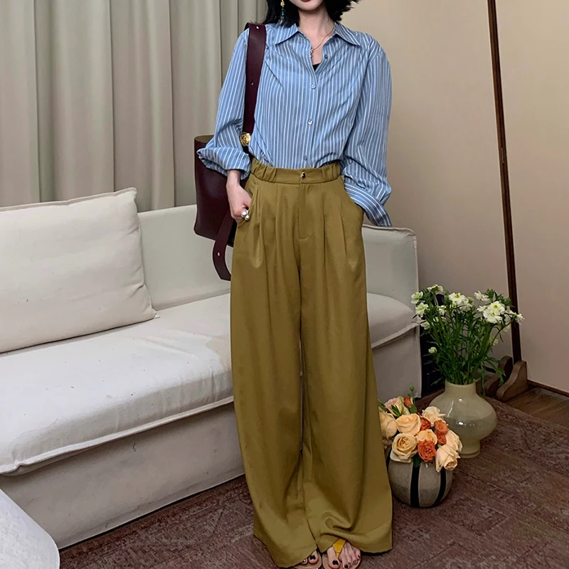 2025春季新款小众炸街高级感女装条纹衬衫亚麻直筒阔腿裤两件套装