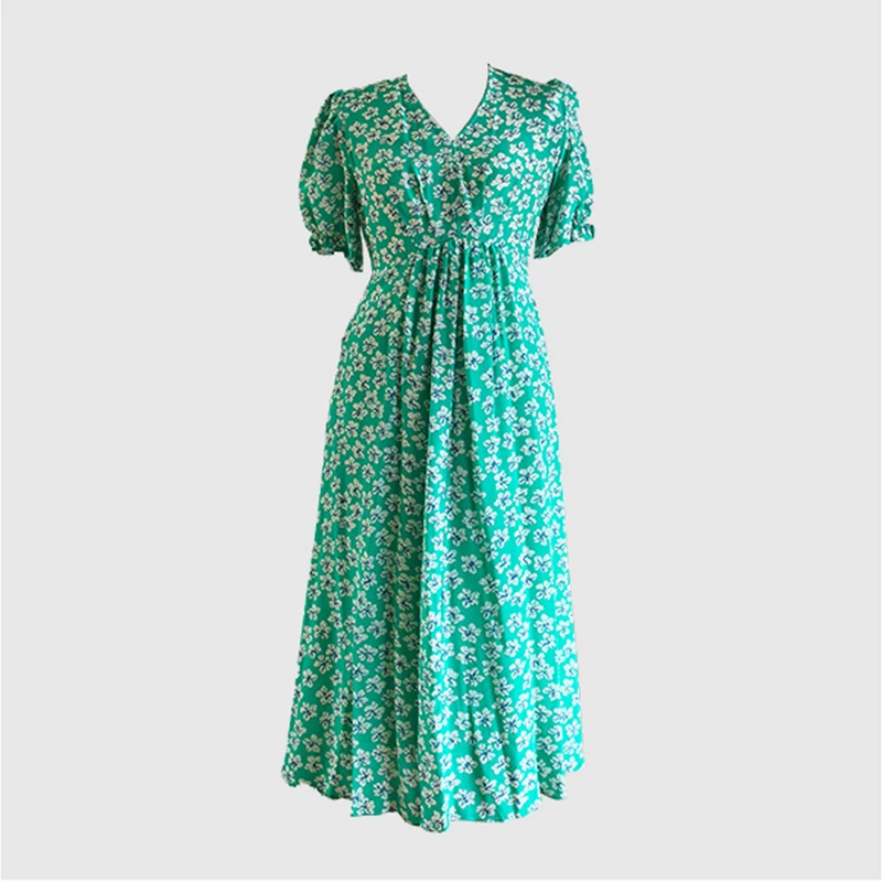 绿底白花丝长连衣裙