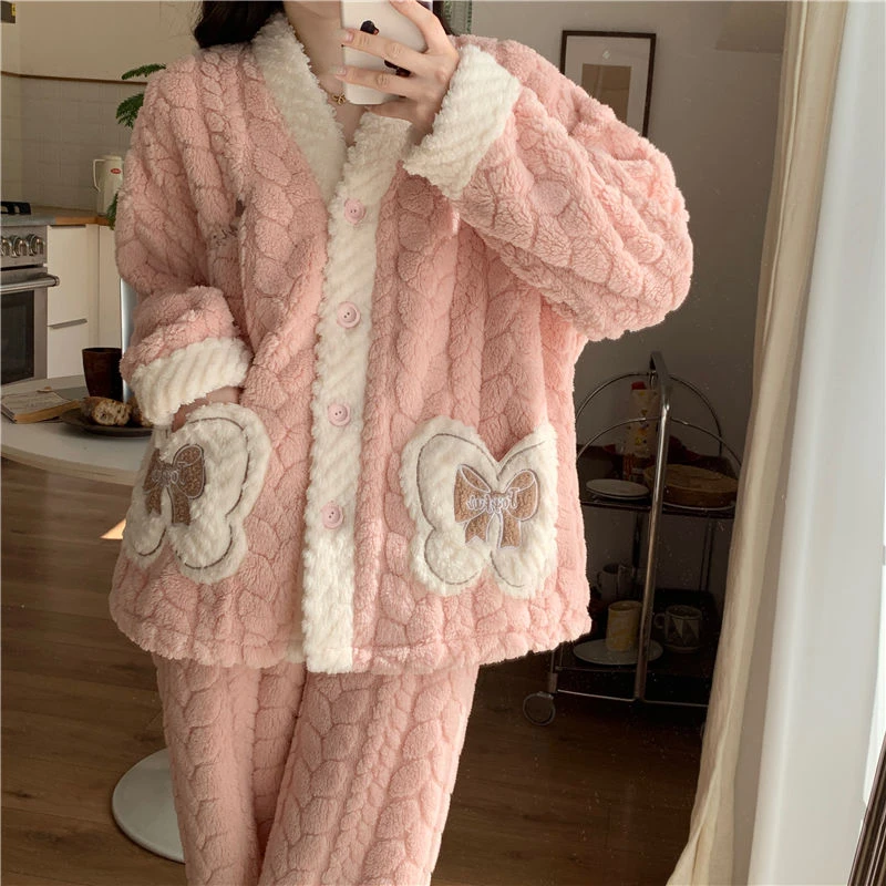 甜美少女风珊瑚绒睡衣女秋冬加厚保暖法兰绒家居服套装