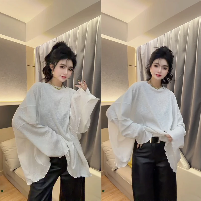 欧货2025秋冬新款竹节棉中长款长袖T恤女宽松竹节棉白色洋气上衣