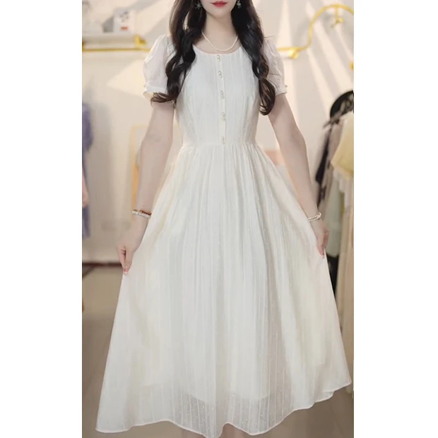 L5399新连衣裙女夏仙女超仙森系白裙子长款法式收腰气质长裙夏季