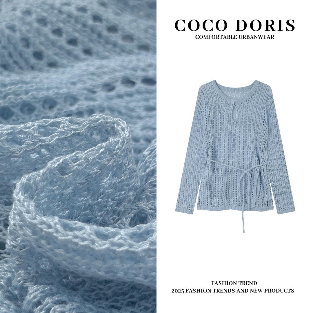 2025春夏新款韩版系带镂空设计针织衫通勤休闲百搭长袖上衣5133