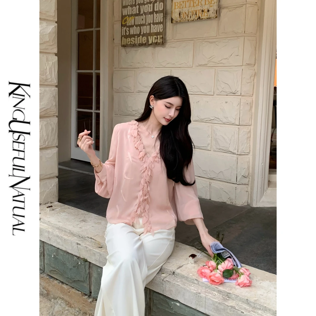 KUN【羽纱隐】缥缈气息 薄纱肌理定染藕粉色花瓣早秋漂亮小衫上衣
