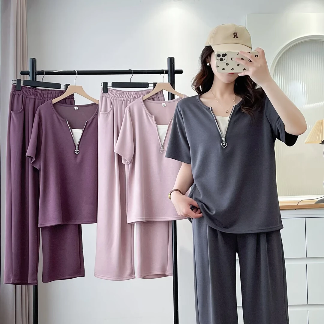 大码女装休闲运动套装胖MM外穿女士夏装新款长裤夏季休闲短裤纯色