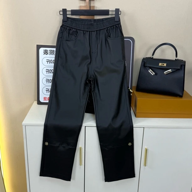 皮裤直筒铆钉加绒九分烟管裤