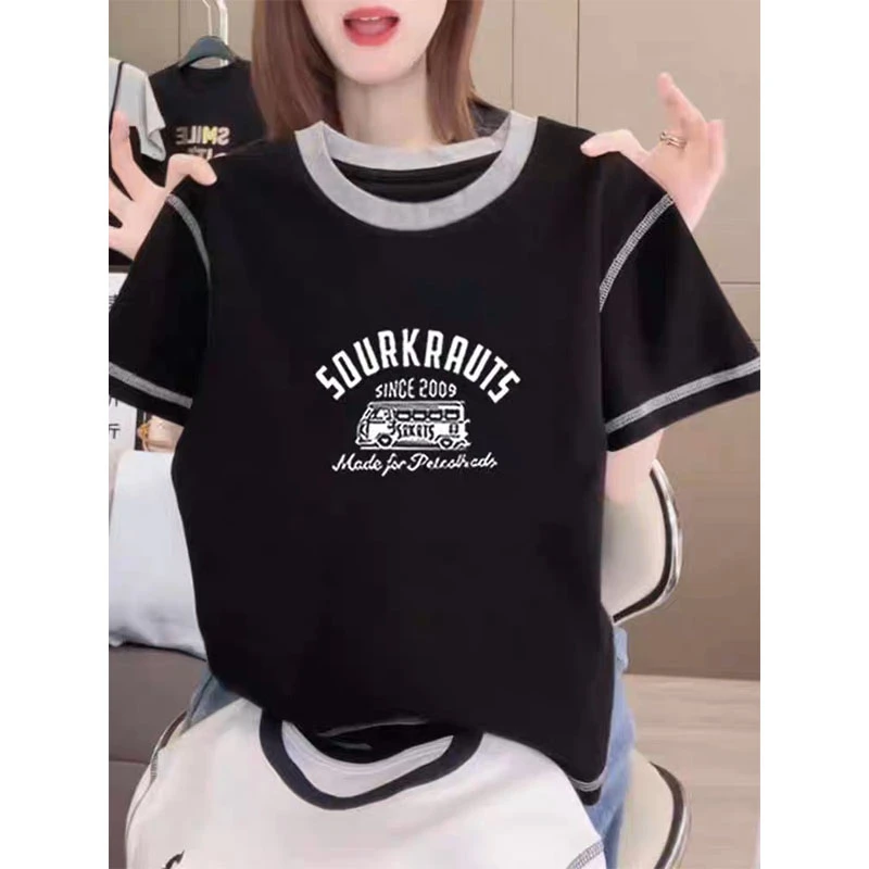 夏季潮款正肩明线拼色圆领短袖t恤女装灰色休闲时尚洋气小众上衣