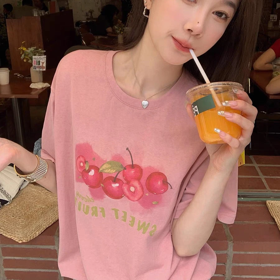 水洗雪花棉设计感水彩印花宽松休闲百搭圆领短袖T恤女