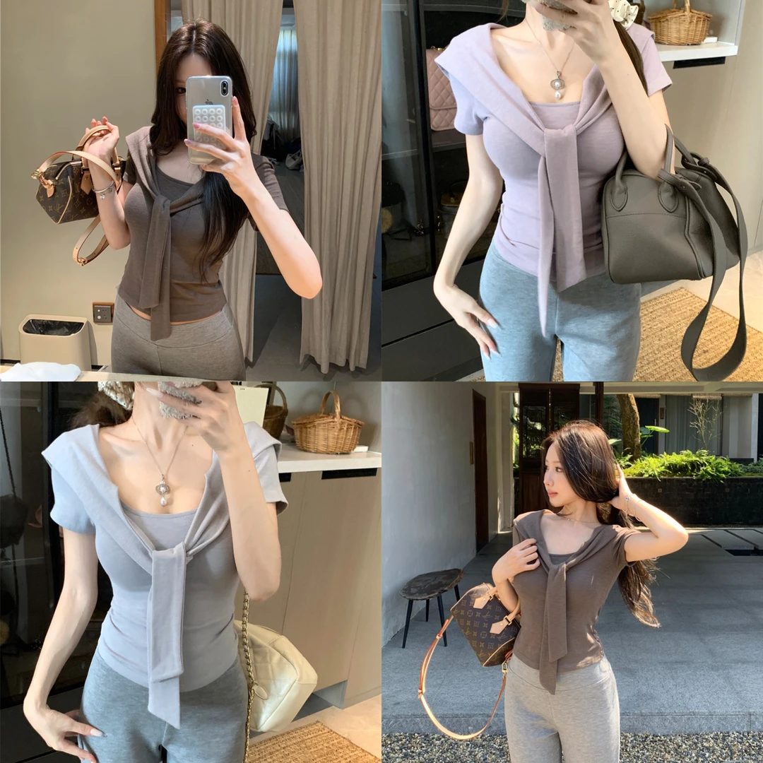 纯欲辣妹飘带假两件短袖T恤拼接披肩女夏装修身收腰显瘦短款上衣