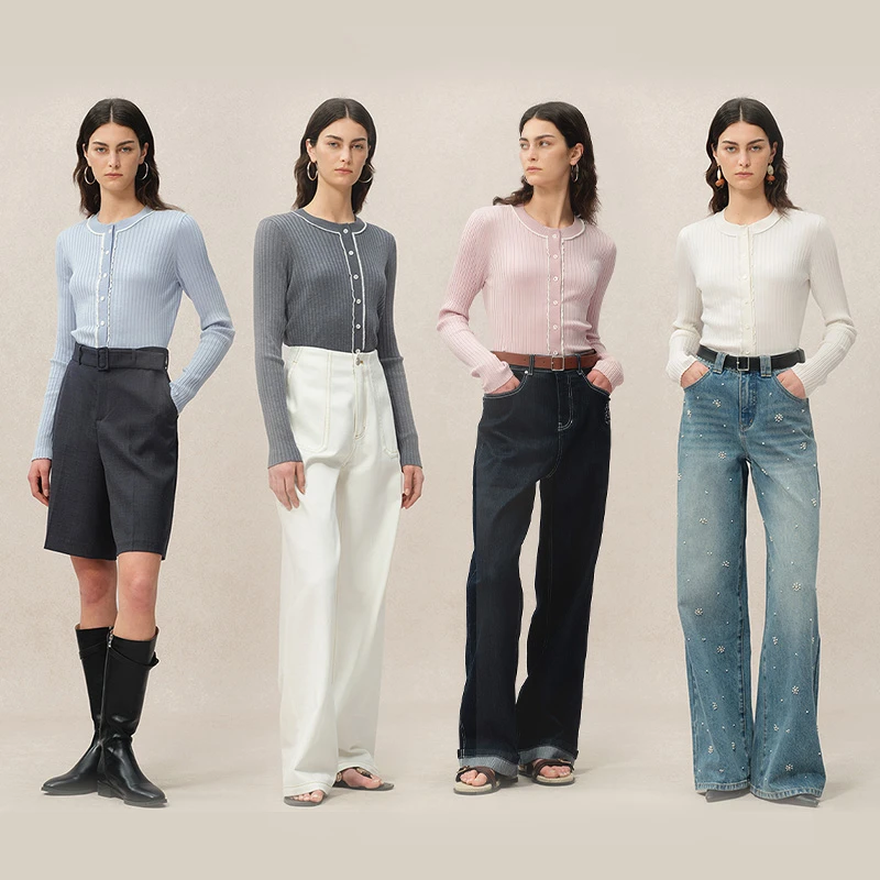 Fabrique Niki 早春四色莱赛尔三醋酸针织圆领花边短款合身开衫