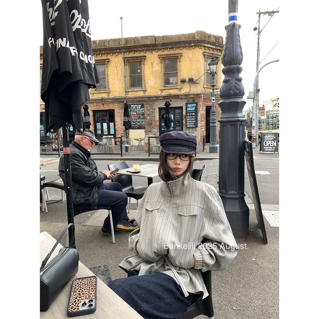 板栗可可Bankelili'米兰往事'翻领条纹收腰抽绳外套拉链夹克早秋