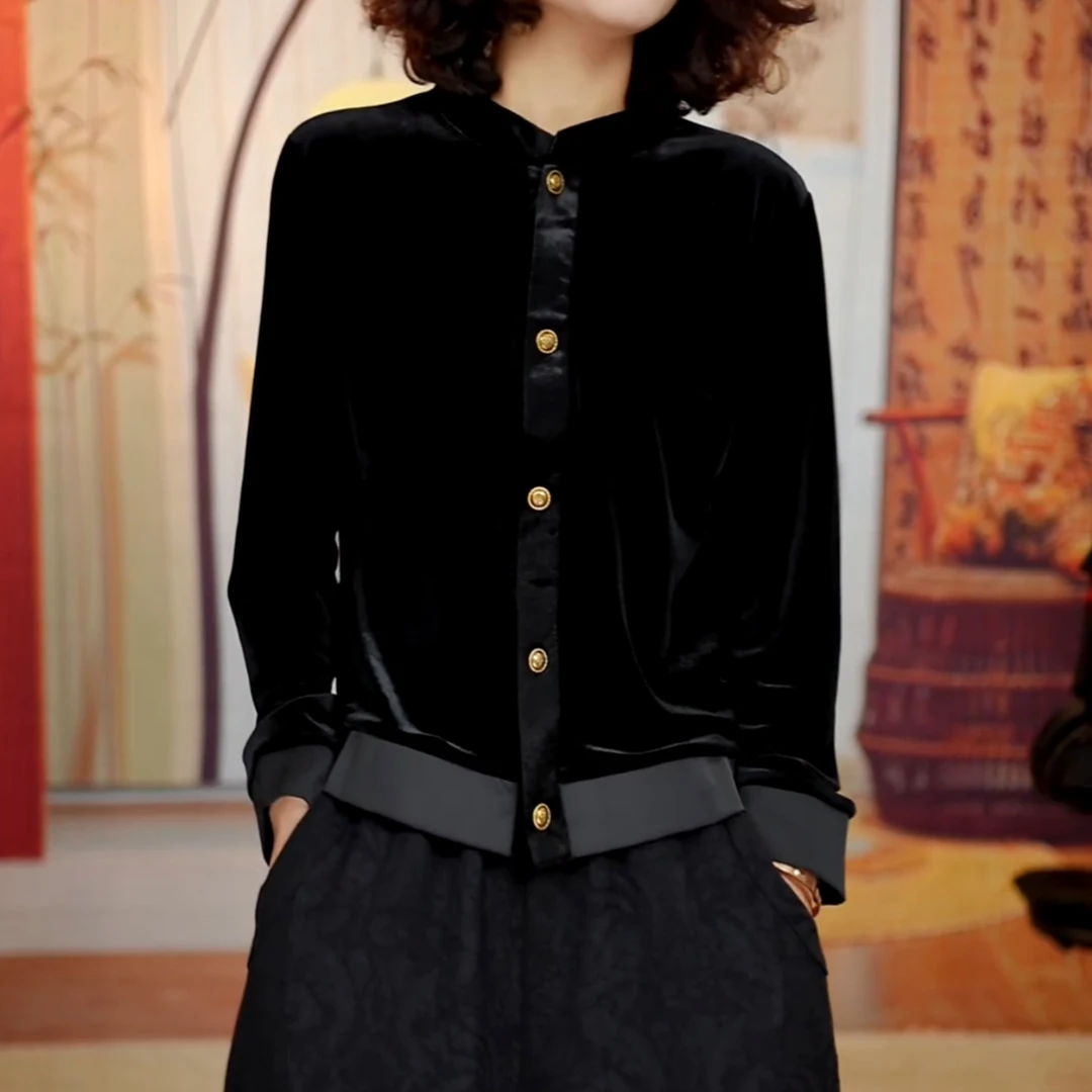 欧洲站黑色金丝绒圆领短款显瘦外搭外套上衣女春秋新款时尚大码潮