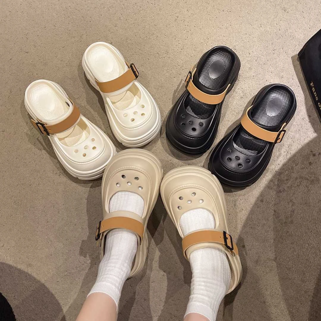 2025新款时尚厚底洞洞鞋玛丽珍休闲外穿防滑凉鞋百搭包头半拖鞋