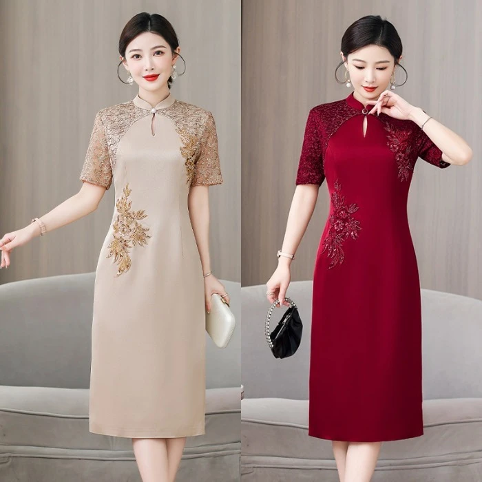 时尚婚礼妈妈装婚宴礼服连衣裙夏季新款喜婆婆装敬酒改良旗袍裙子