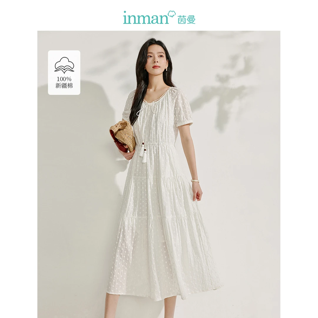 【欧若假日风】茵曼时尚刺绣系带连衣裙夏季新款法式纯棉高腰长裙子