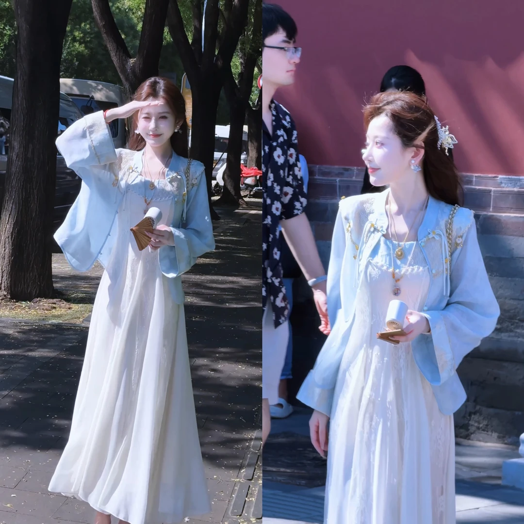 【婷婷】《蓝月光•起舞弄清影》蕾丝刺绣开衫吊带套装 TTH2SQ781【Q】