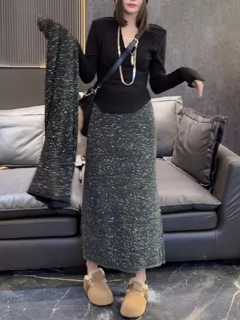 新款大码满天星亮晶晶重工时尚半身裙百搭宽松显瘦洋气中长款裙子