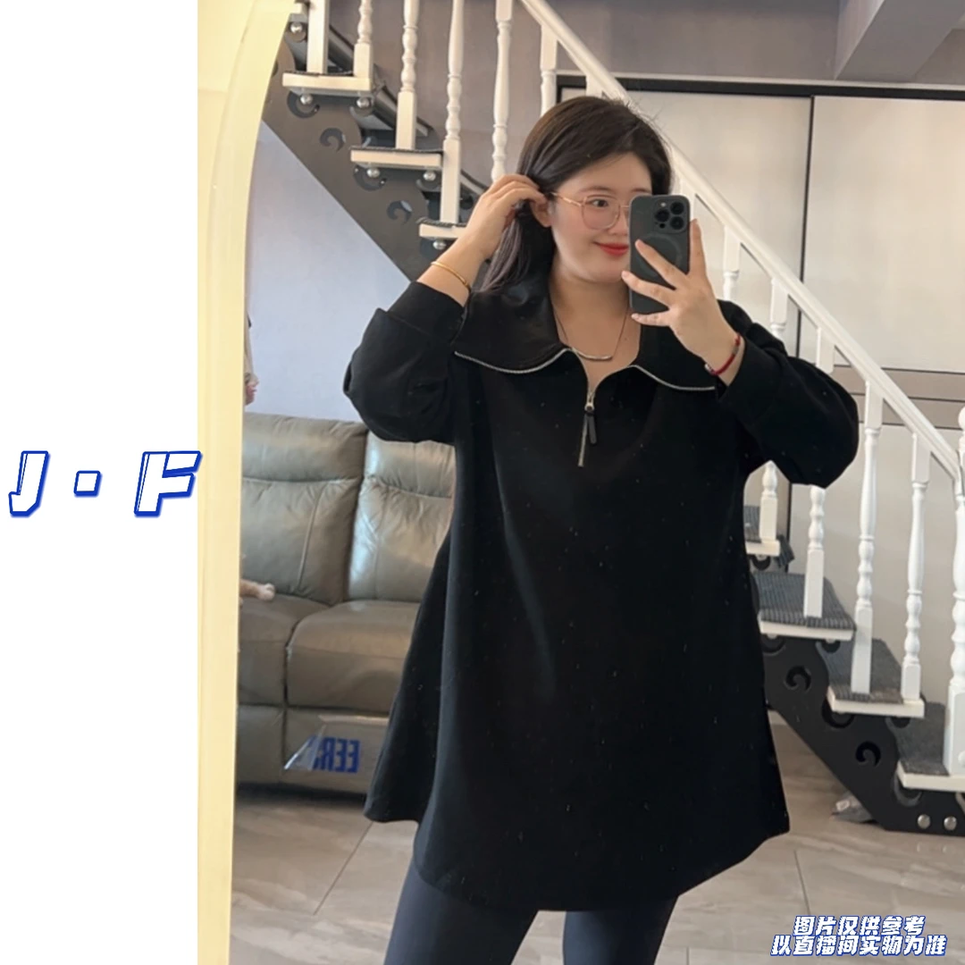 JF定制大码女装真大码250斤9156翻领拉链中长款宽松长袖卫衣裙
